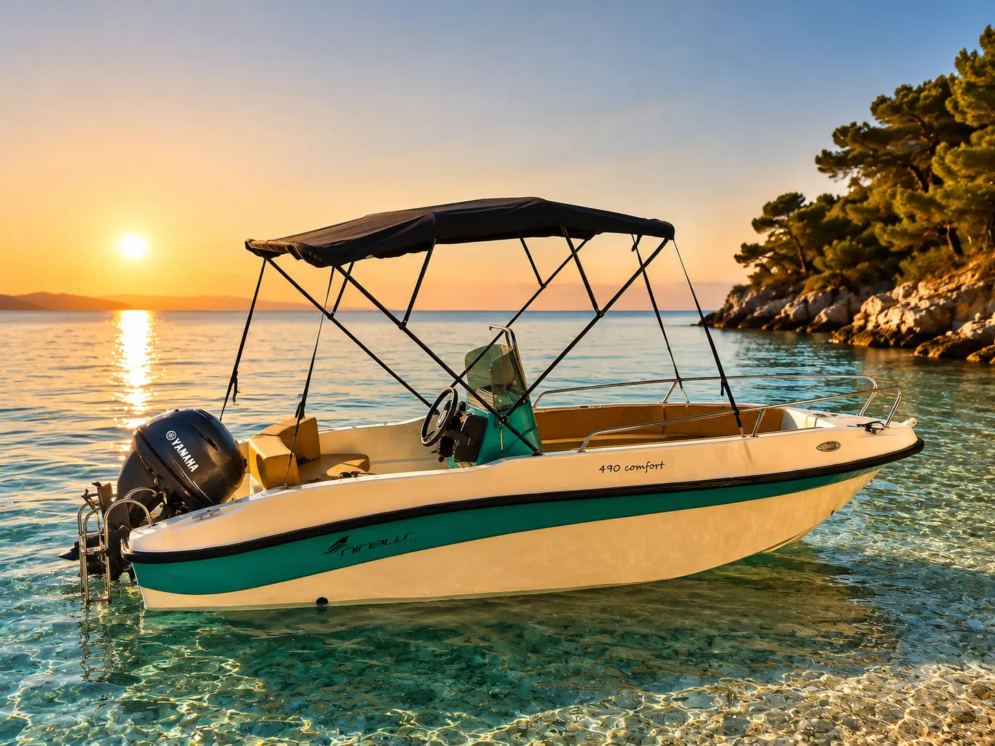 Riptide boat in golden sunset light near the Rhodes coast